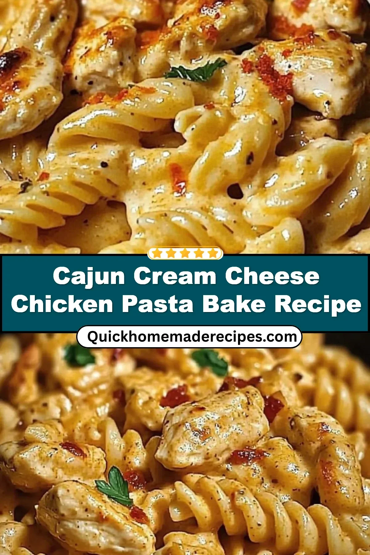Cajun Cream Cheese Chicken Pasta Bake served in a baking dish with parsley garnish