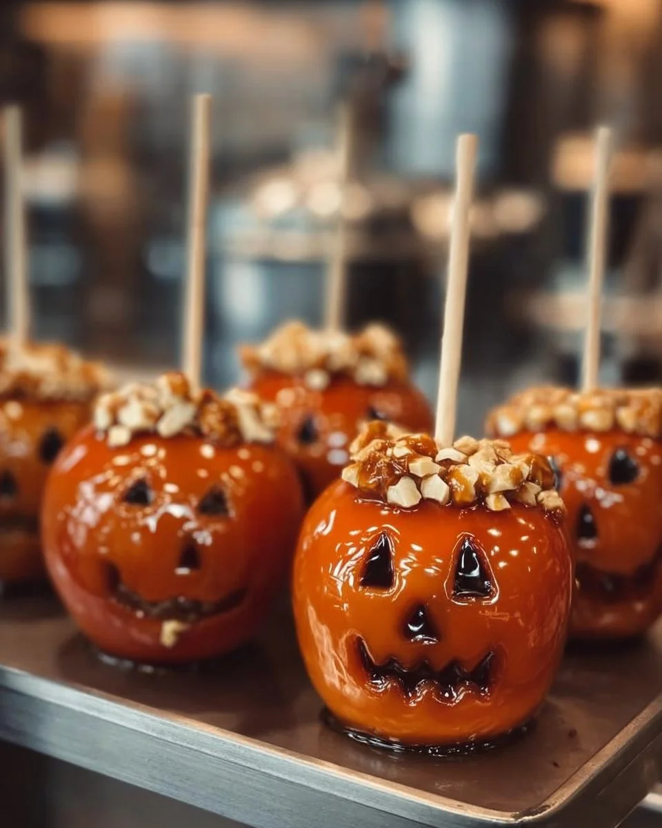 Colorful candied apples decorated for Halloween festivities.