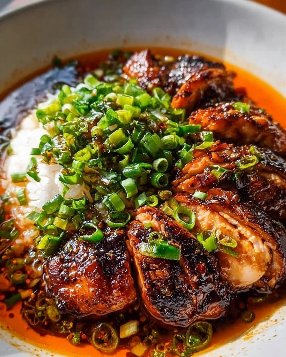 Caramelised soy chicken in garlic ginger broth with rice served in a bowl