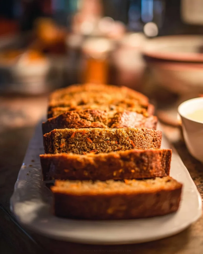 Delicious slice of Carrot Apple Bread with walnuts on a wooden board