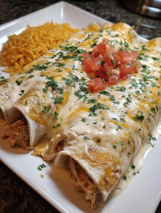 Deliciously baked cheese chicken enchiladas topped with cheese and sauce