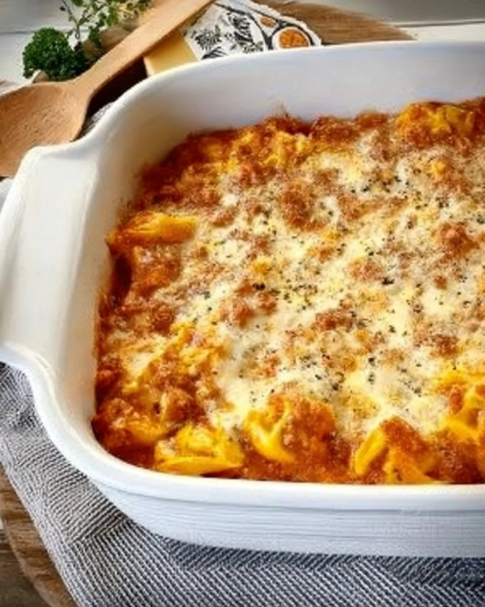 Cheesy baked tortellini casserole topped with meat sauce and melted cheese