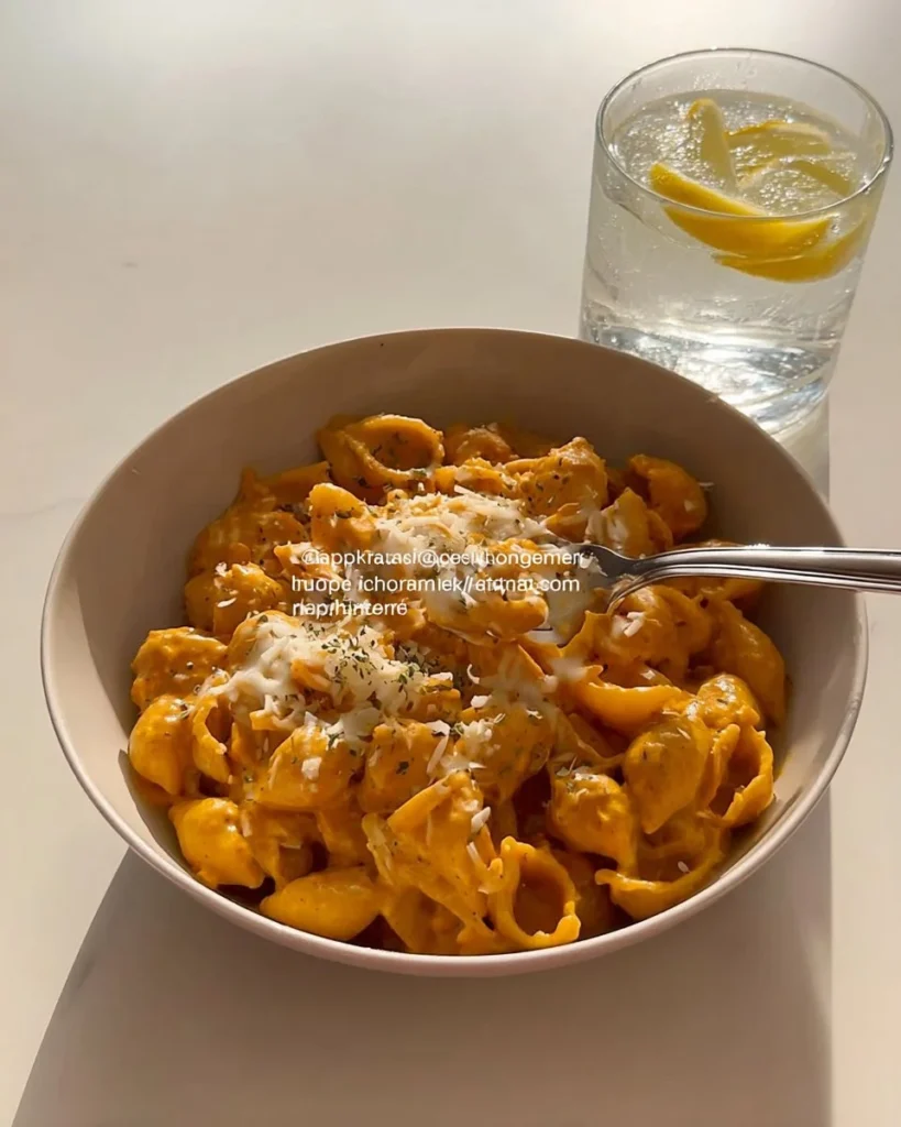 Creamy cheesy chicken pasta ready to serve in a bowl