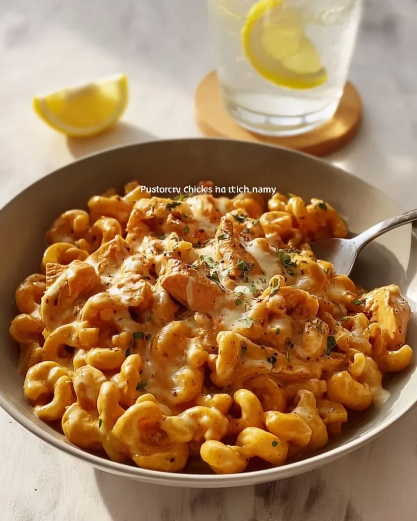 Delicious cheesy chicken pasta with creamy sauce and garnished with herbs