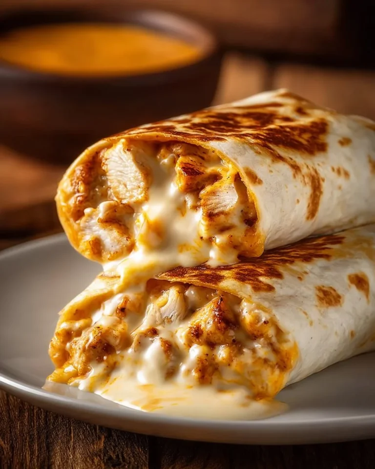 Cheesy garlic chicken wraps filled with tender chicken and melted cheese.