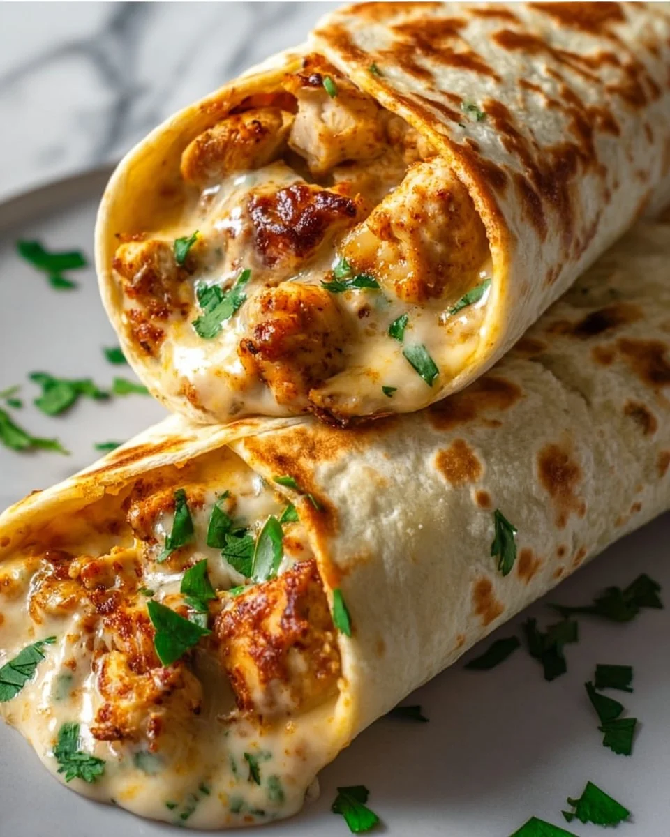 Delicious cheesy garlic chicken wraps served on a plate