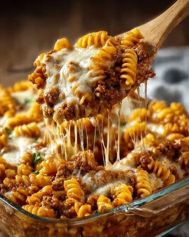 Delicious cheesy hamburger casserole bake topped with melted cheese and ground beef