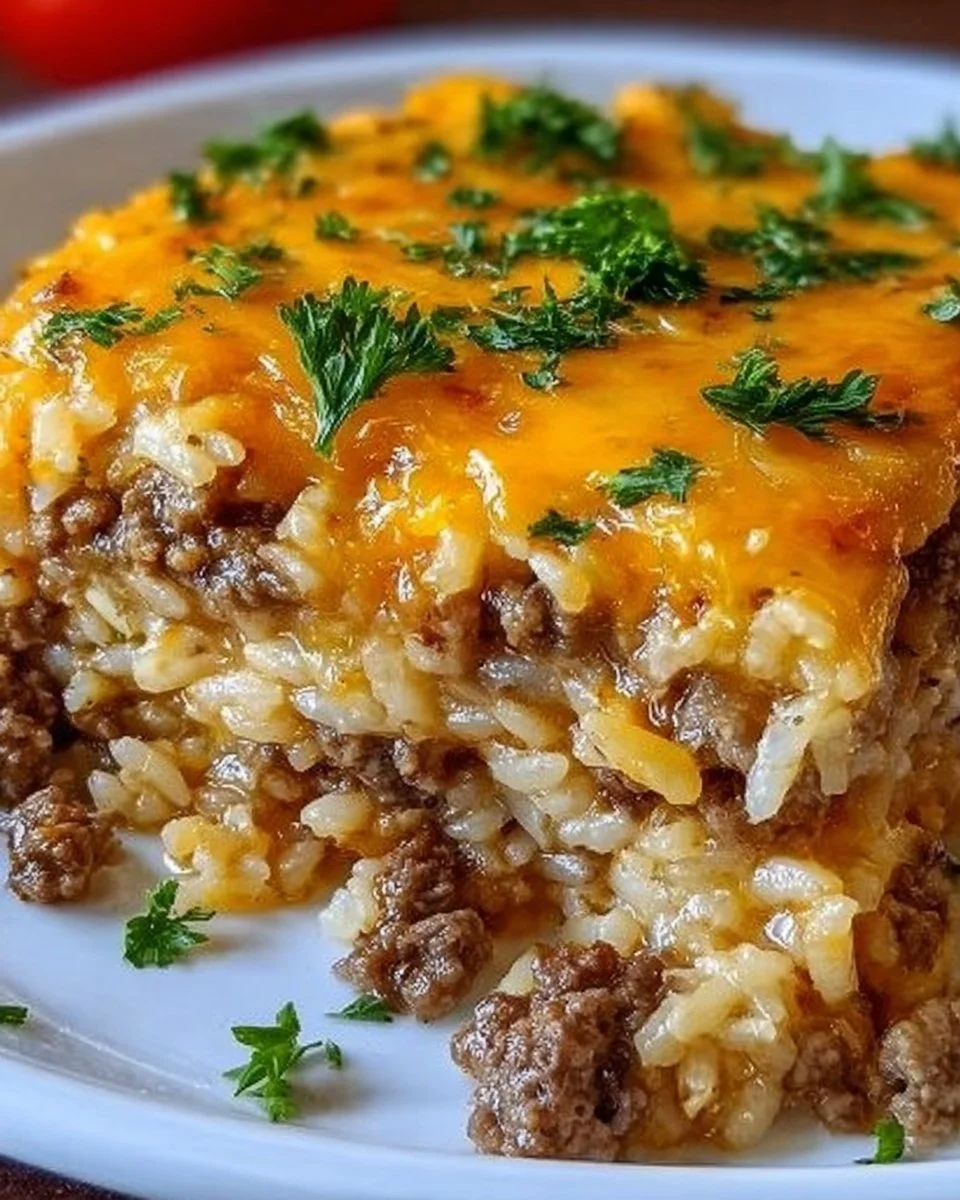 A delicious cheesy hamburger rice casserole served in a dish.