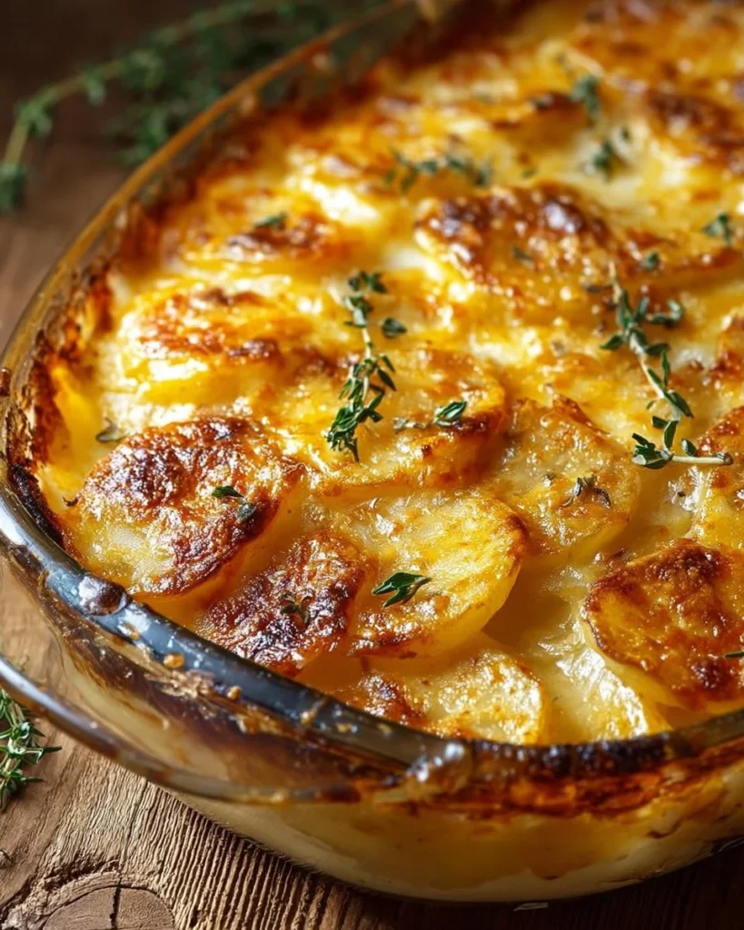 Delicious cheesy scalloped potatoes dish served in a casserole