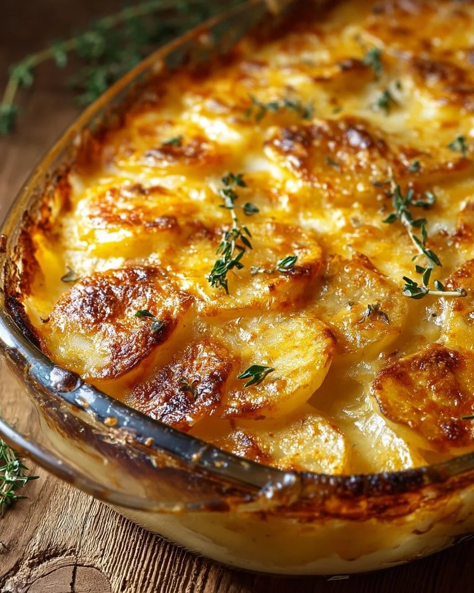 Delicious cheesy scalloped potatoes dish served in a casserole