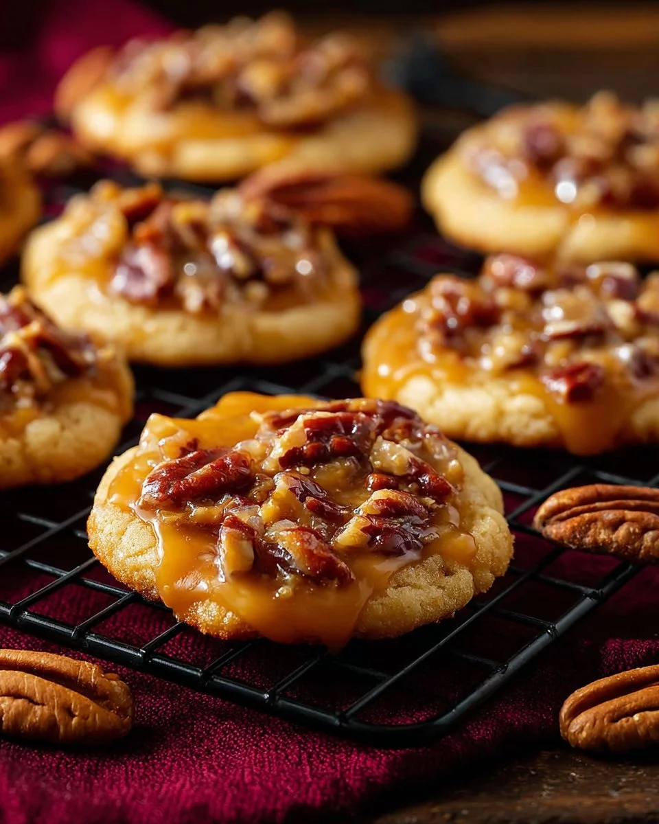 Chewy pecan pie cookies with caramelized filling on a baking tray