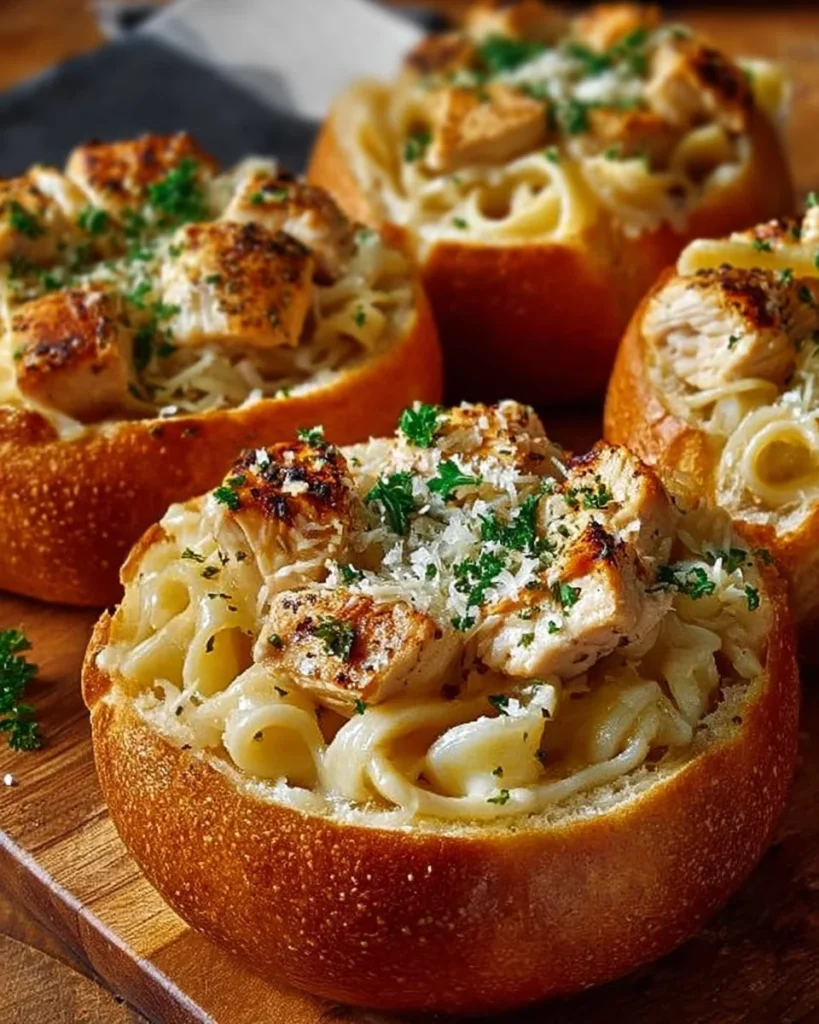 Chicken Alfredo Garlic Bread Bowls served with creamy sauce and grilled chicken