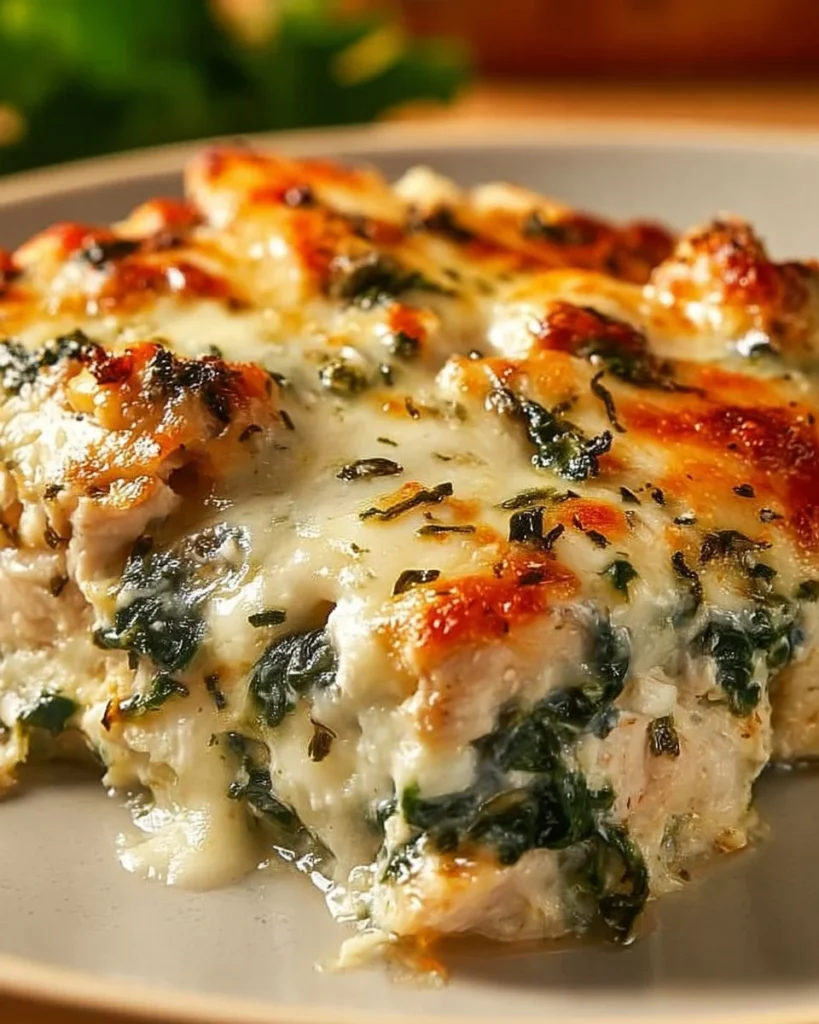 Delicious Chicken and Spinach Casserole with Cream Cheese in a baking dish.