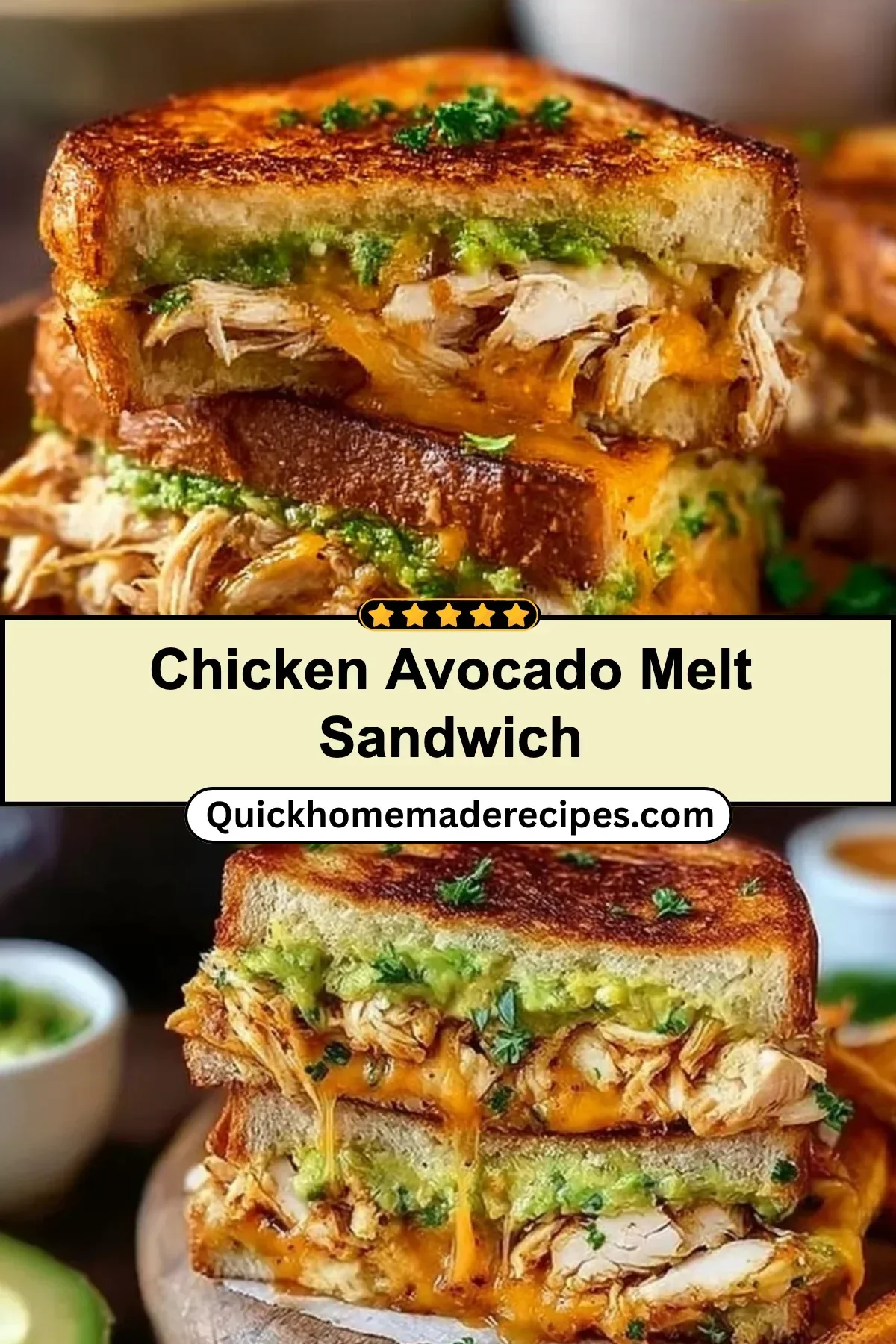 Delicious Chicken Avocado Melt Sandwich with chicken, avocado, and cheese on toasted bread