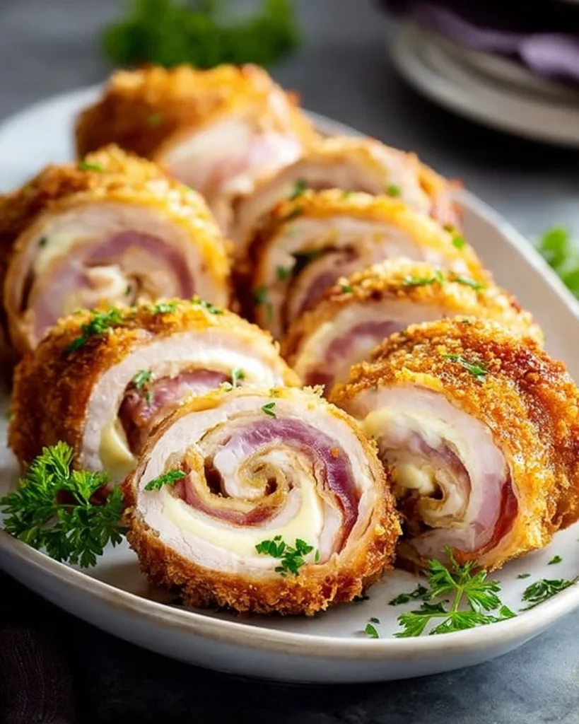 Delicious Chicken Cordon Bleu with ham and cheese filling, breaded and baked.
