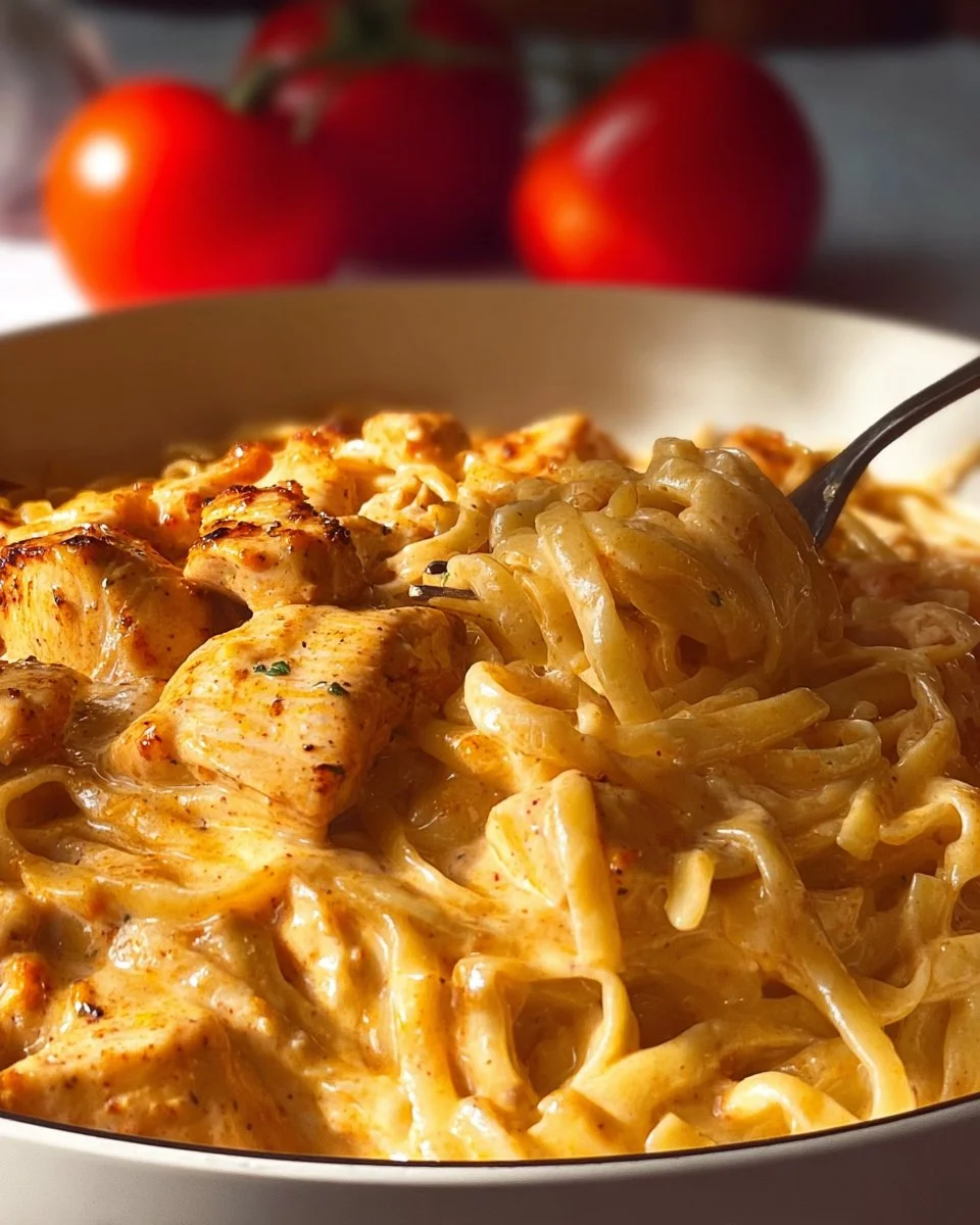 Plate of Chicken Garlic Parmesan Pasta garnished with parsley.