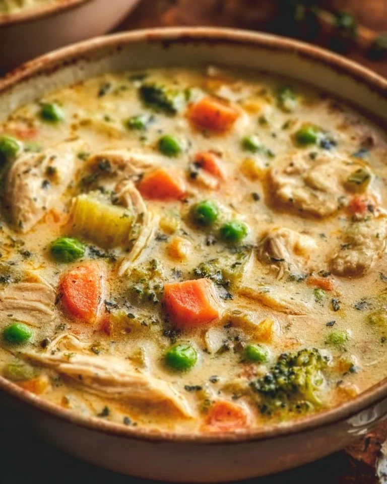 Bowl of delicious Chicken Pot Pie Soup with vegetables and chicken