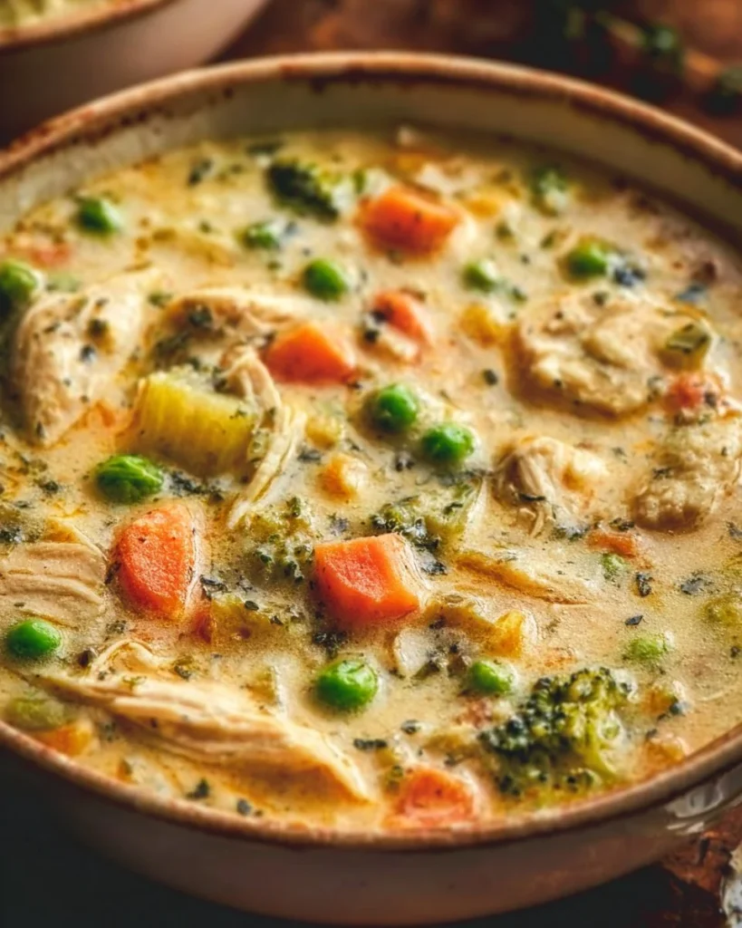 Bowl of delicious Chicken Pot Pie Soup with vegetables and chicken