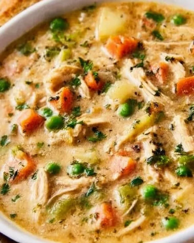 Bowl of Chicken Pot Pie Soup with vegetables and flaky crust pieces
