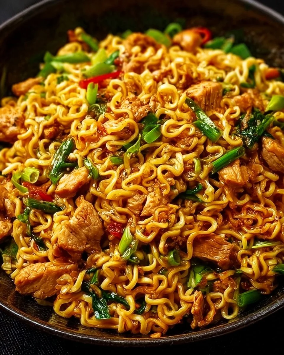 Chicken ramen stir fry with colorful vegetables and tender chicken in a bowl