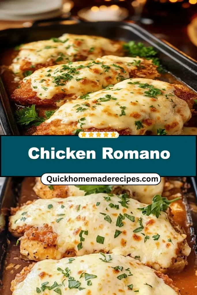 Crispy Chicken Romano served with herbs and lemon garnish