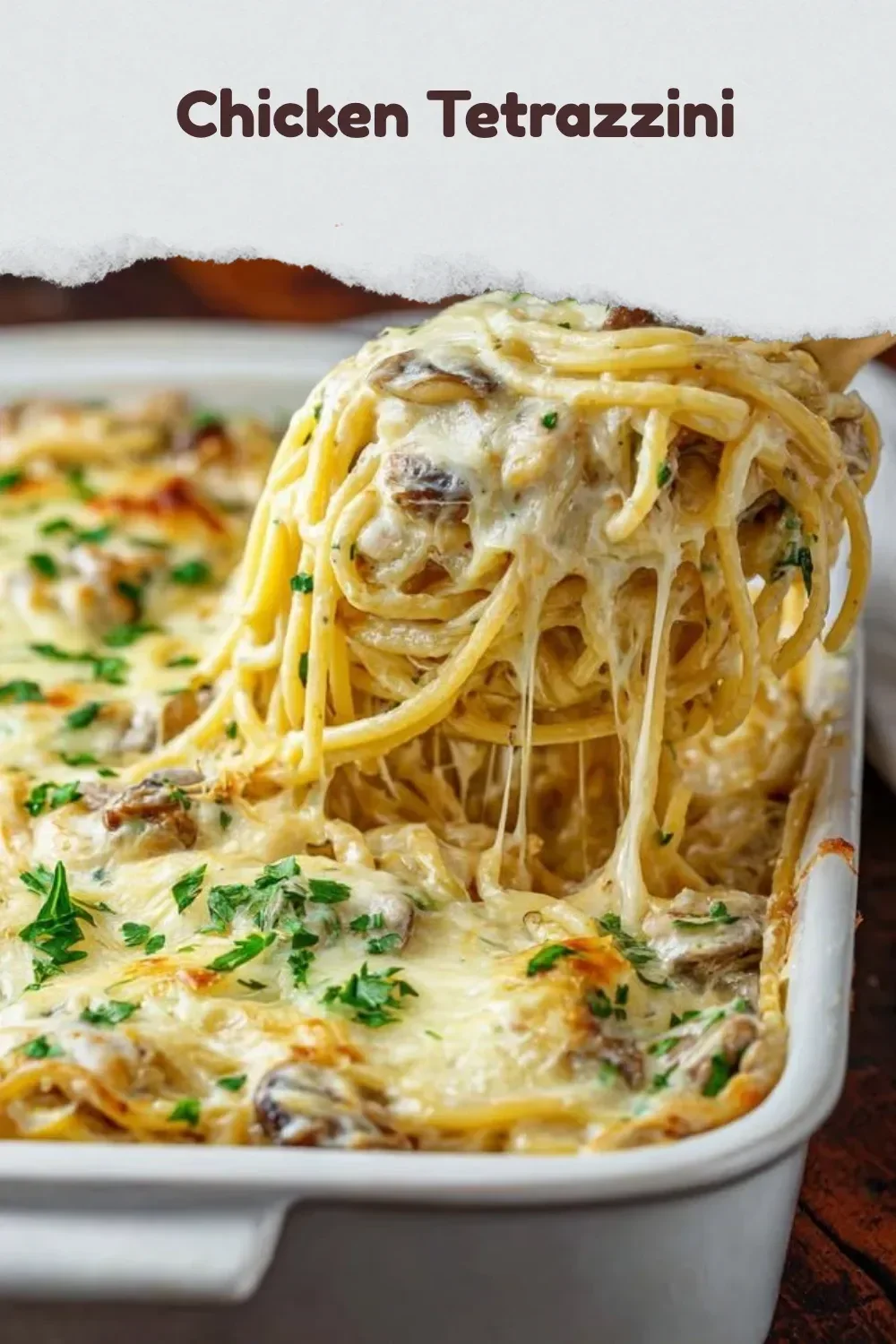 Delicious Chicken Tetrazzini casserole with chicken, pasta, and creamy sauce