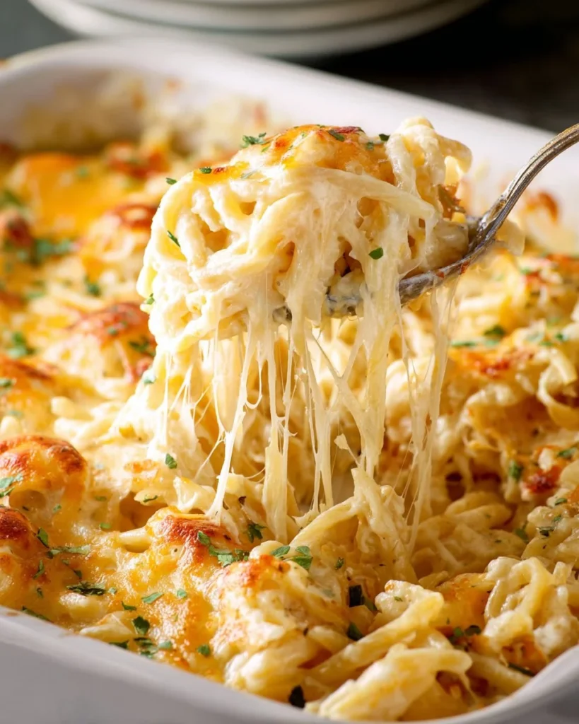 Delicious plate of Chicken Tetrazzini with pasta and creamy sauce