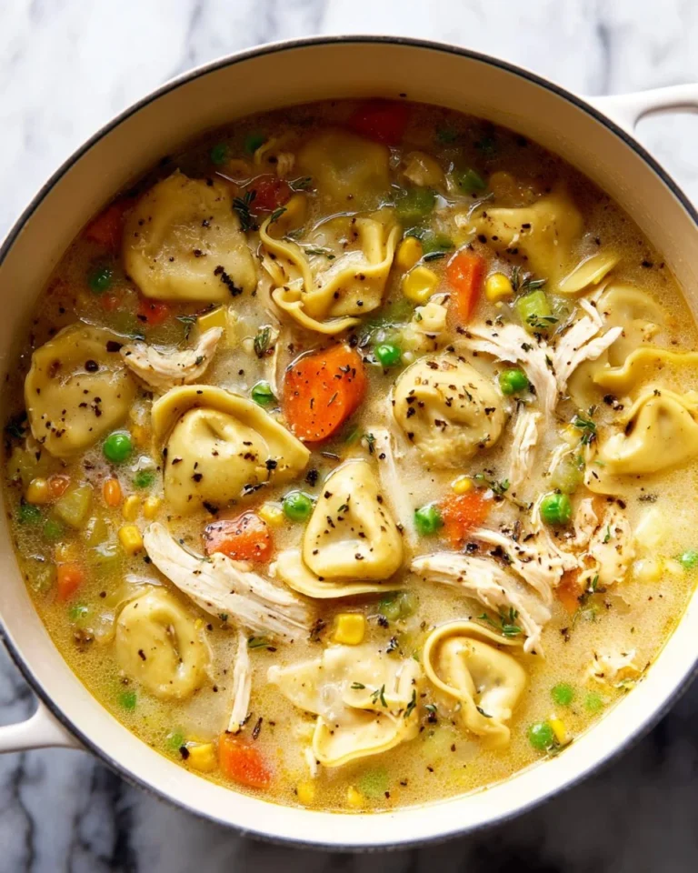 Bowl of Chicken Tortellini Soup with fresh herbs and vegetables