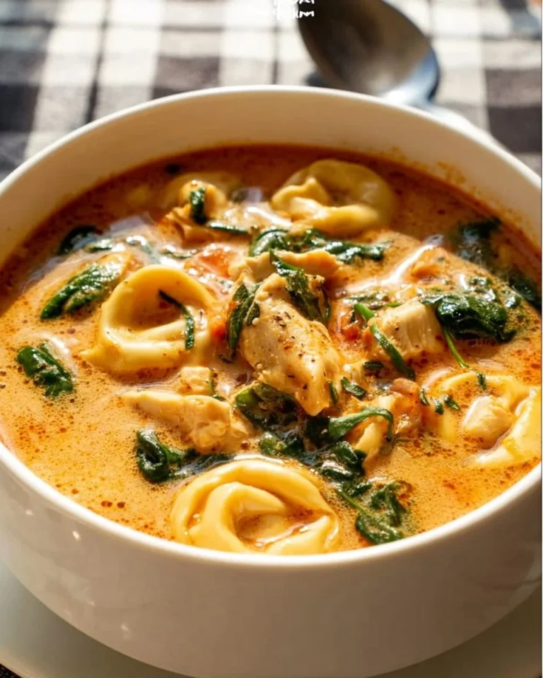 Bowl of Chicken Tortellini Soup with fresh herbs and vegetables.