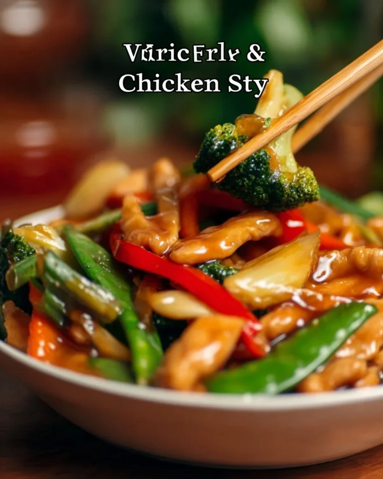 Chicken stir fry with mixed vegetables served on a plate