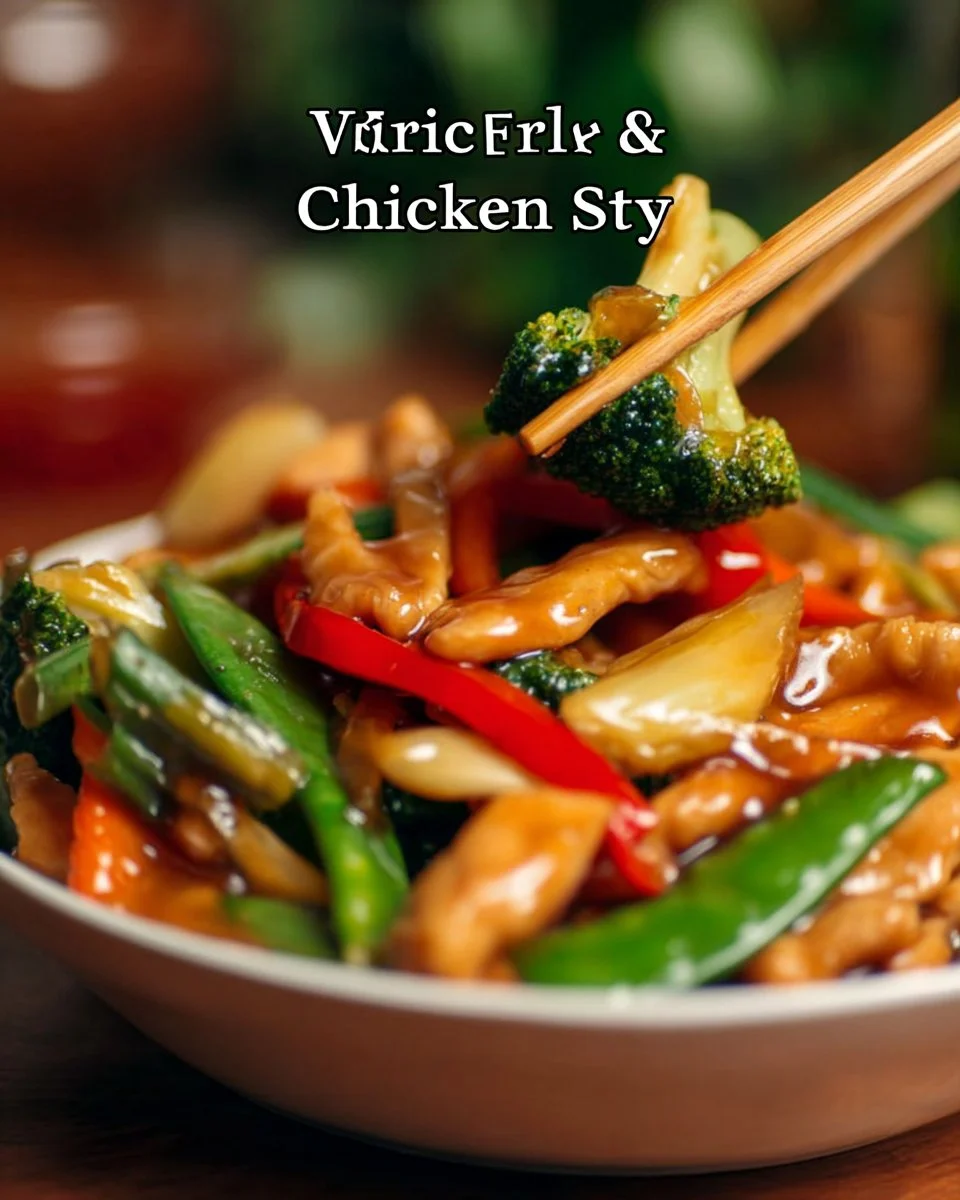 Chicken stir fry with mixed vegetables served on a plate