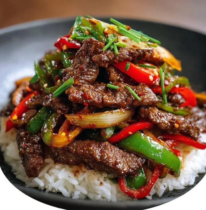 Delicious Chinese Pepper Steak stir-fry with colorful vegetables and tender beef.