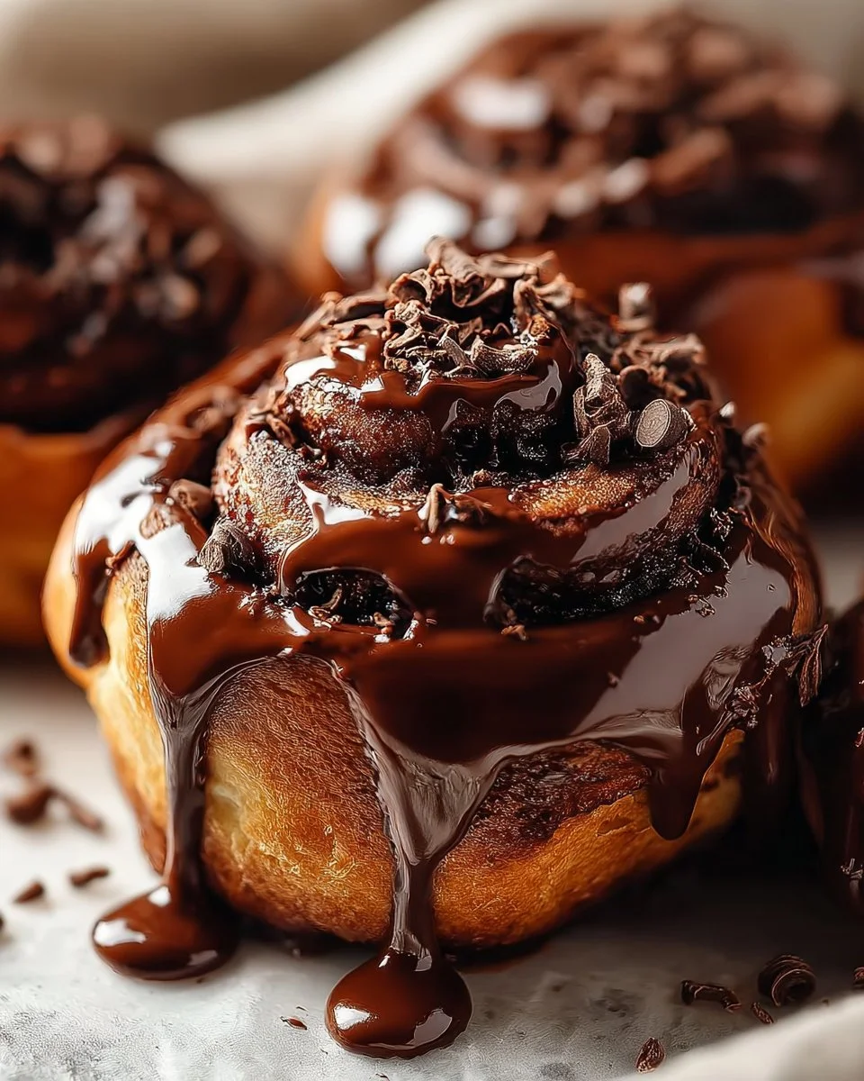 Freshly baked Chocolate Cinnamon Rolls with rich chocolate and cinnamon swirls