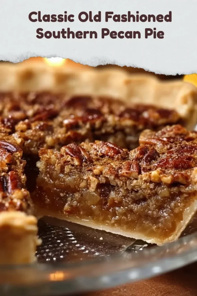 Classic old fashioned Southern pecan pie with a flaky crust and rich filling.