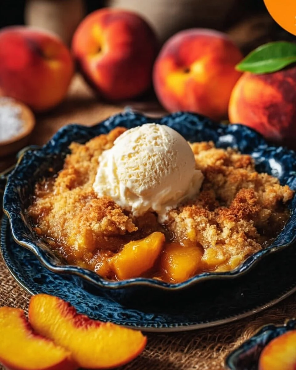 Classic oven-baked peach cobbler with golden crust and fresh peaches
