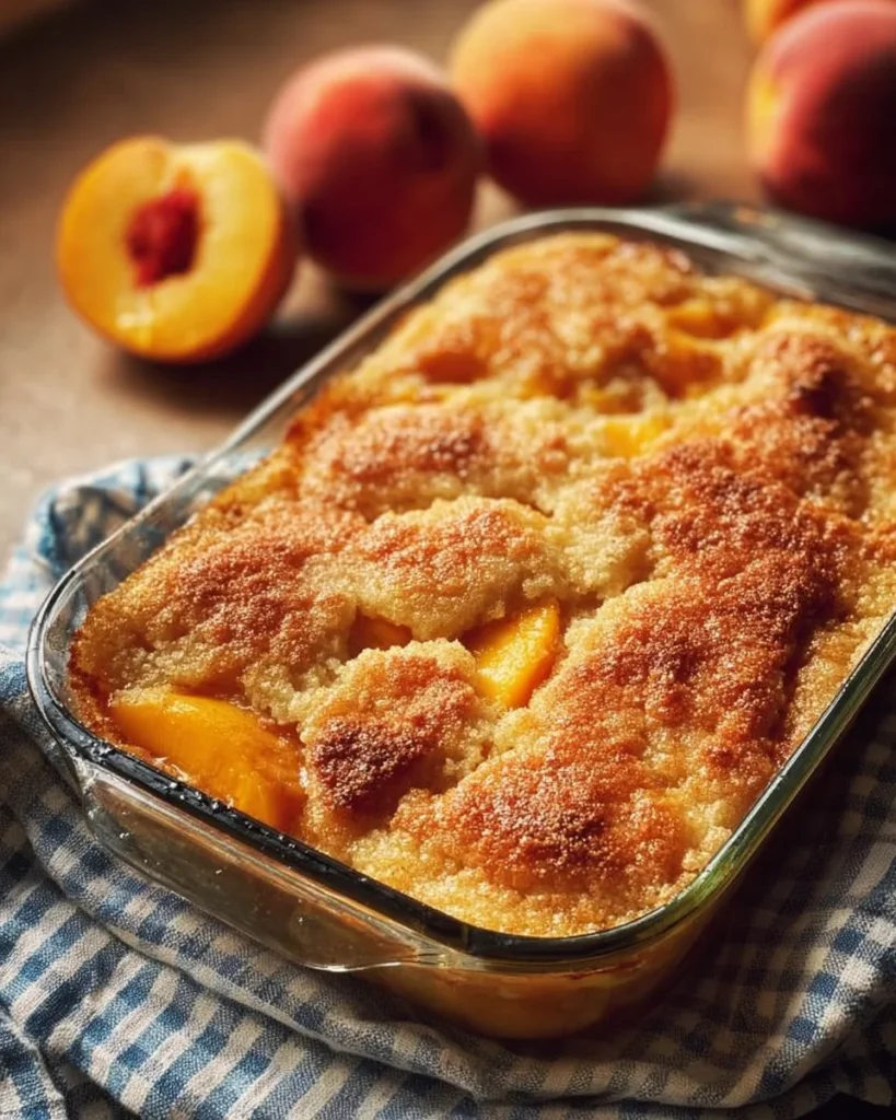 Delicious classic peach cobbler with juicy peaches and golden crust