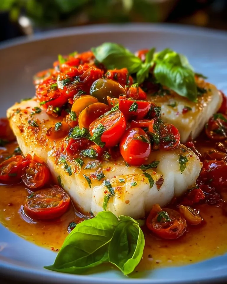 Cod fillets in a rich tomato lemon butter sauce garnished with herbs