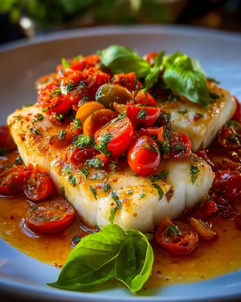 Cod fillets in a rich tomato lemon butter sauce garnished with herbs