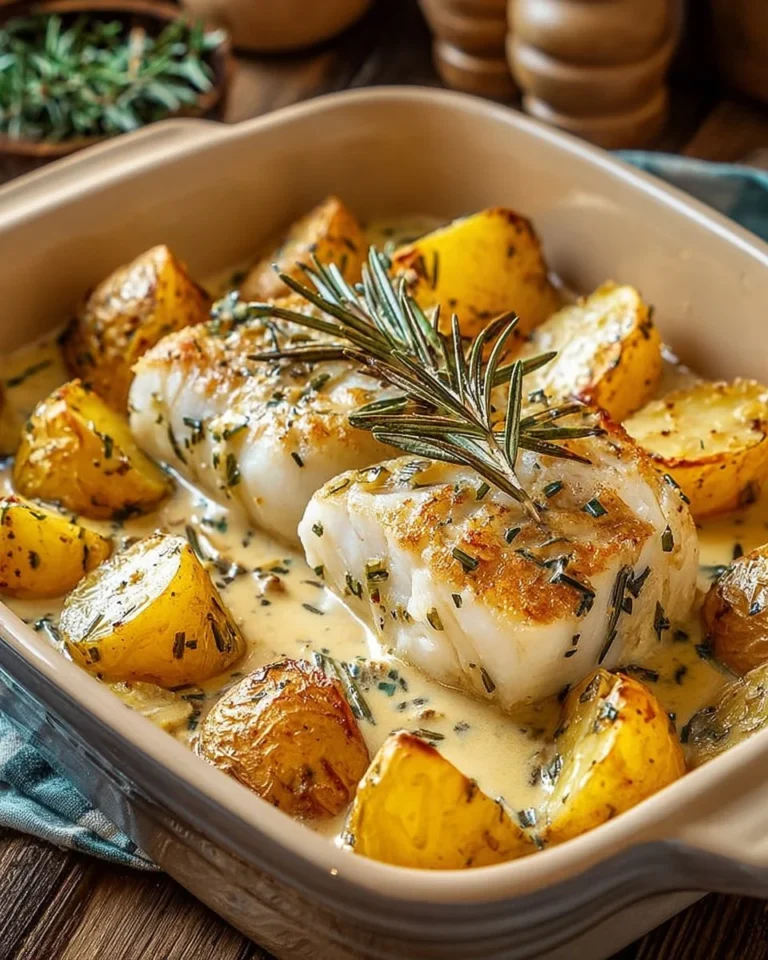 Cod and potatoes served in rosemary cream sauce for a delicious meal