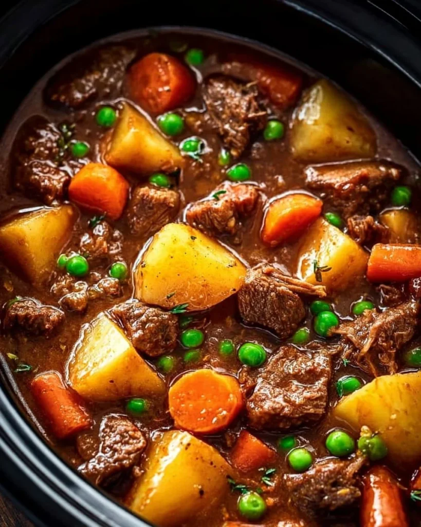 Delicious bowl of comforting crockpot beef stew with tender beef and vegetables
