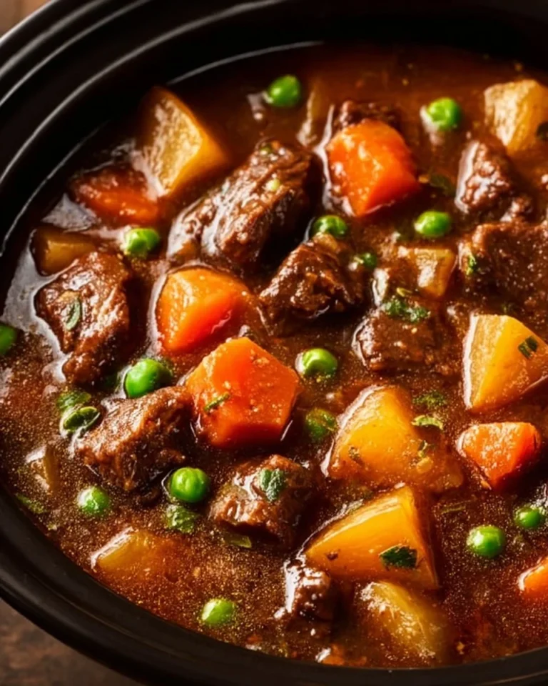 Bowl of comforting crockpot beef stew with tender meat and vegetables