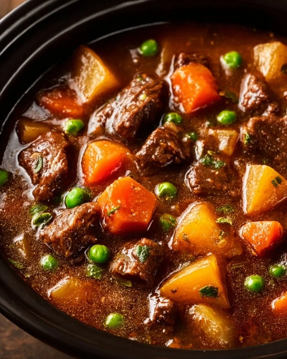 Bowl of comforting crockpot beef stew with tender meat and vegetables