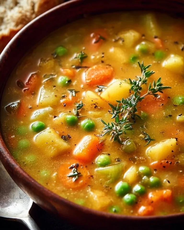 A bowl of creamy vegetable soup garnished with fresh herbs and vegetables.