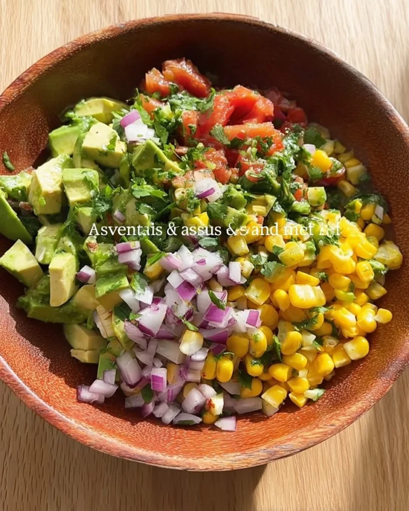 Colorful Corn and Avocado Salsa served in a bowl with cilantro and lime.
