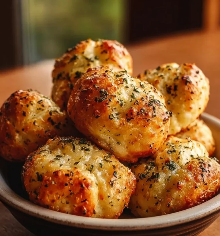 Freshly baked cottage cheese garlic knots served on a wooden plate