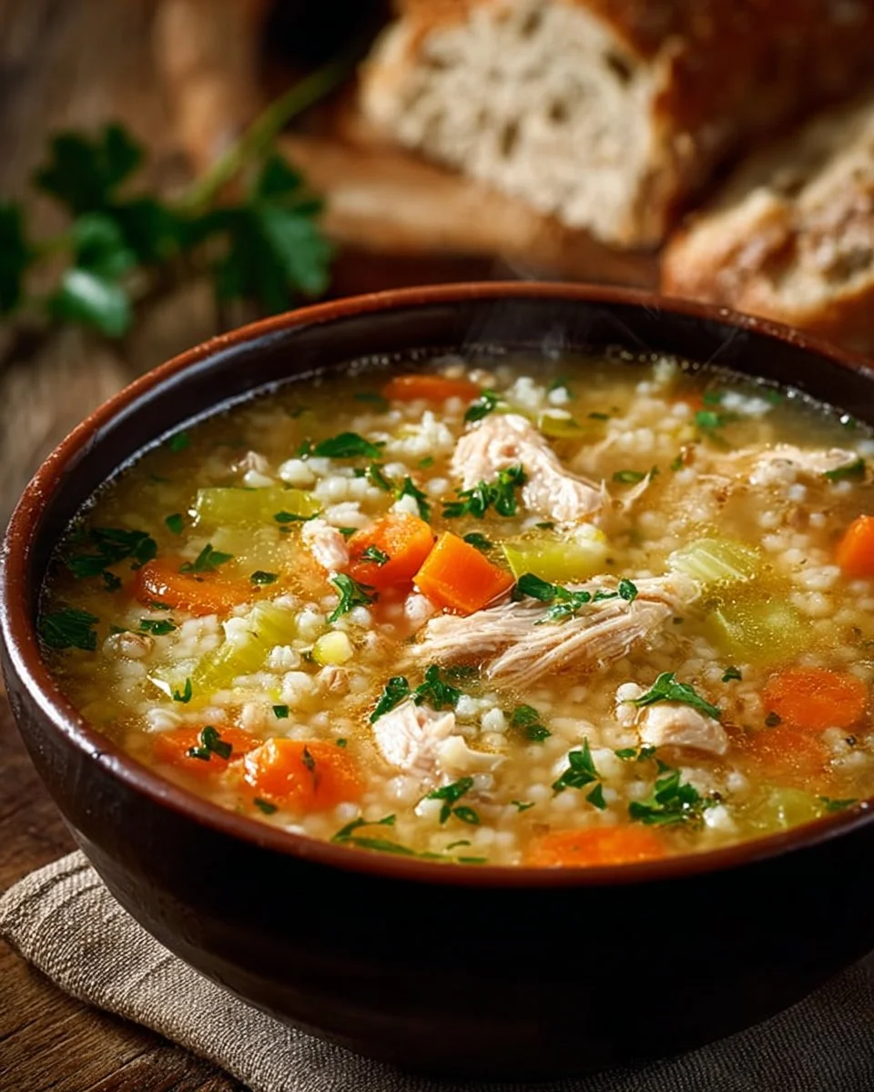 Cozy chicken and rice soup in a bowl, garnished with herbs