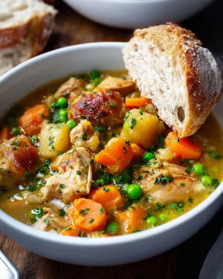 Delicious cozy slow cooker chicken stew in a bowl with fresh herbs