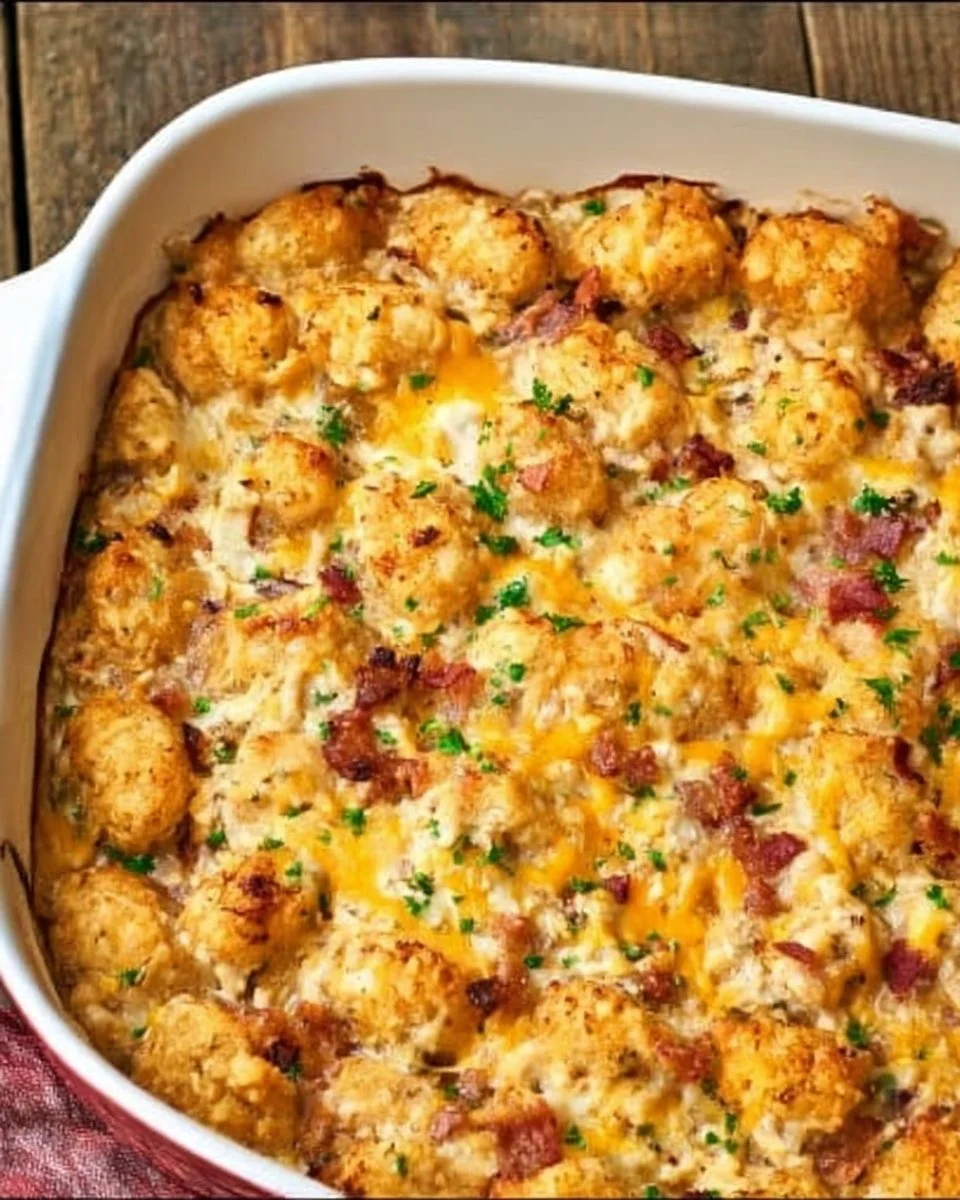 Delicious Cracked Out Chicken Tater Tot Casserole in a baking dish