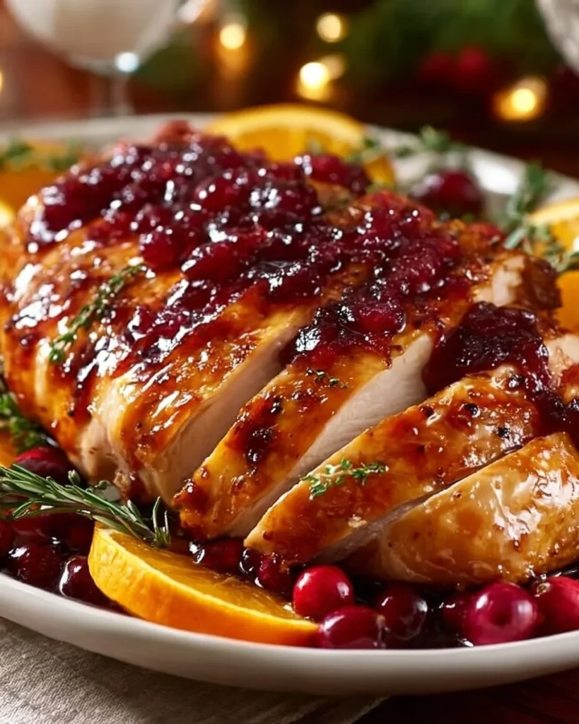 Cranberry orange glazed turkey breast garnished with fresh herbs
