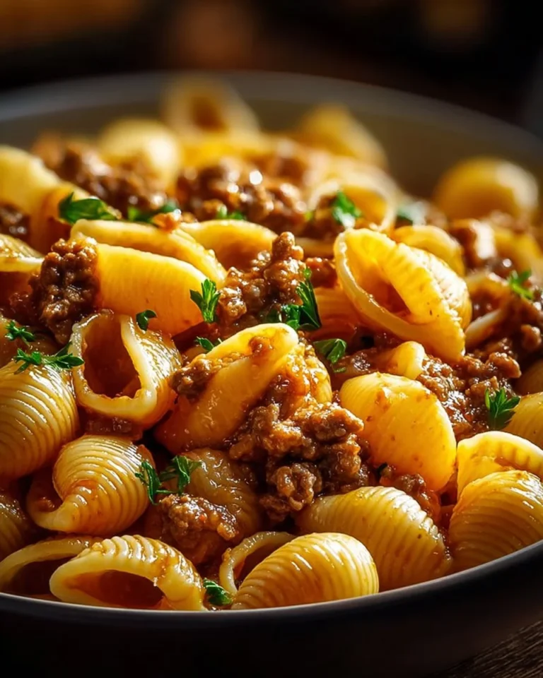 Creamy beef and shells dish served in a bowl with a side of garnish.